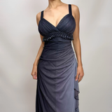 Niulatu A Line Spaghetti Strap Beaded Navy Blue Ombre Chiffon Party Dress Evening Dress HZ0113