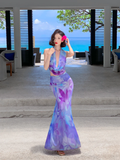Niulatu Piece Mermaid Halter Purple Print Floral Chiffon Long Prom Dress Outfits HZ0113
