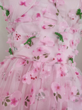 Niulatu A Line Straps Pink Floral Tulle Lace Prom Dresses Birthday Outfits SD377