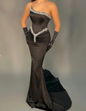 Niulatu Black Strapless Mermaid Evening Dress Satin Beaded Prom Dress With Gloves HZ1007