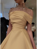 Niulatu A-Line Evening Gown Elegant Dress Formal Floor Length Short Sleeve Illusion Neck Satin with Ruched Beading Prom Dress HZ1110