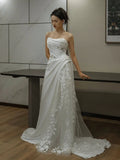 Niulatu White Mermaid One Shoulder Satin Lace Pleats Wedding Dress SD1738