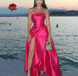 Niulatu A line Strapless Hot Pink Slit Satin Prom Dresses Formal Evening Dress HZ1110