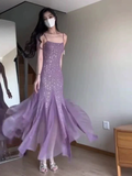 Niulatu Mermaid Spaghetti Straps Purple Chiffon Beaded Evening Dress Prom Dress HZ1007