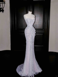 Niulatu Lilac Tulle Beaded Prom Dress Strapless Mermaid Evening Dress HZ1007