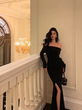 Niulatu Sheath Off The Shoulder Black Slit Long Sleeves Prom Dresses Birthday Outfits SD405