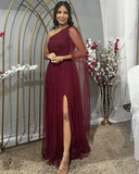 Niulatu Burgundy One Shoulder Tulle Sequins Evening Gown Slit Prom Dress HZ1007
