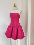 Niulatu A line Strapless Hot Pink Satin Short Homecoming Dresses Birthday Outfits SD230