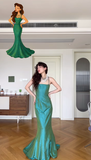 Niulatu Green Mermaid Spaghetti Strap Satin Prom Dress Wedding Guest Dress HZ0113