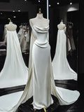 Niulatu Mermaid Strapless White Satin Long Wedding Dresses With Ruffles HZ1110