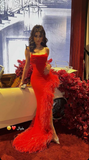 Niulatu Mermaid Straps Red Prom Dress With Feathers,Long Evening Dress HZ1007