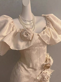 Niulatu Sheath Square Neckline Floral ivory Long Party Dresses Birthday Outfits With Cap Sleeves SD447
