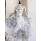 Niulatu High Low Strapless Floor Length Light Blue Flowers Prom Dresses Birthday Dress SD467