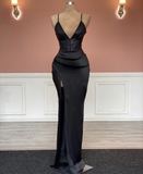 Niulatu Black Spaghetti Straps Evening Dress with Split HZ1007