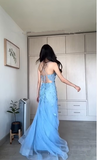 Niulatu Blue Tulle Appliques Mermaid Evening Dress Long Prom Dress HZ1007