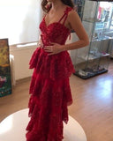 Elegant A Line Spaghetti Straps Red Lace Sleeveless Long Evening Party Gowns Evening Formal Dresses Prom Dress HZ1214
