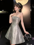 Cute A Line Strapless Gray Satin Mini Short Formal 8th Grade Homecoming Dresses Summer Middle School Hoco Dress Homecoming Outfits Birthday Outfit HZ1214