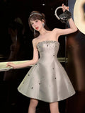 Cute A Line Strapless Gray Satin Mini Short Formal 8th Grade Homecoming Dresses Summer Middle School Hoco Dress Homecoming Outfits Birthday Outfit HZ1214