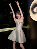 Cute A Line Strapless Gray Satin Mini Short Formal 8th Grade Homecoming Dresses Summer Middle School Hoco Dress Homecoming Outfits Birthday Outfit HZ1214