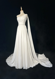 Vintage Bridal Gown 1960s A line One Shoulder Sleeveless Chiffon Pleated Beads Long White Wedding Dresses Elegant Bridal Gowns HZ1214