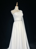 Vintage Bridal Gown 1960s A line One Shoulder Sleeveless Chiffon Pleated Beads Long White Wedding Dresses Elegant Bridal Gowns HZ1214