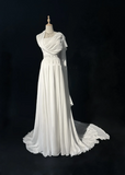 Vintage Bridal Gown 1960s A line One Shoulder Sleeveless Chiffon Pleated Beads Long White Wedding Dresses Elegant Bridal Gowns HZ1214
