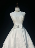 Vintage Bridal Gown 1960s High Low Scoop Sleeveless Pleated Bow-knot Beads White Short Wedding Dresses Elegant Bridal Gowns HZ1214