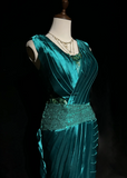 Vintage Sheath V Neck Green Satin Mother Of Bride Dress Party Gown Knee Length For Summer Women HZ1214