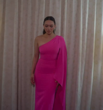 Elegant Sheath One Shoulder Hot Pink Chiffon Long Prom Dresses Party Dress Summer 22th Birthday Outfits 21st Birthday Dresses HZ1214