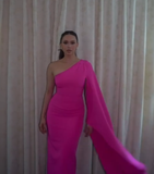Elegant Sheath One Shoulder Hot Pink Chiffon Long Prom Dresses Party Dress Summer 22th Birthday Outfits 21st Birthday Dresses HZ1214