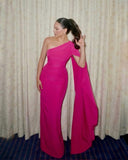 Elegant Sheath One Shoulder Hot Pink Chiffon Long Prom Dresses Party Dress Summer 22th Birthday Outfits 21st Birthday Dresses HZ1214