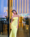 Elegant Sheath Strapless Yellow Satin Long Prom Dresses Party Dress Summer 20th Birthday Outfits 18th Birthday Dresses HZ1214