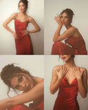 Elegant Sheath Spaghetti Straps Red Satin Long Prom Dresses Party Dress Summer 20th Birthday Outfits 18th Birthday Dresses HZ1214