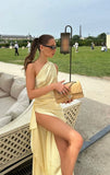 Elegant Sheath One Shoulder Yellow Slit Satin Long Prom Dresses Party Dress Summer 20th Birthday Outfits 18th Birthday Dresses HZ1214