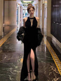 Elegant Mermaid Scoop Neck Black Velvet Long Prom Dresses Party Dress Summer 22th Birthday Outfits 18th Birthday Dresses HZ1214