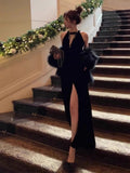Elegant Mermaid Scoop Neck Black Velvet Long Prom Dresses Party Dress Summer 22th Birthday Outfits 18th Birthday Dresses HZ1214