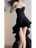 Elegant High Low Strapless Black Long Prom Dresses Party Dress Summer 22th Birthday Outfits 18th Birthday Dresses HZ1214