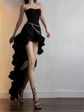 Elegant High Low Strapless Black Long Prom Dresses Party Dress Summer 22th Birthday Outfits 18th Birthday Dresses HZ1214