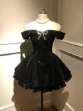 Sexy A line Off The Shoulder Black Velvet Mini Short Formal 8th Grade Homecoming Dresses Summer Middle School Hoco Dress Homecoming Outfits Birthday Outfit HZ1214