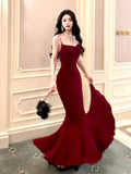 Elegant Mermaid Spaghetti Straps Burgundy Long Prom Dresses Party Dress Summer 22th Birthday Outfits 18th Birthday Dresses HZ1214