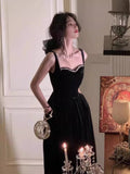 Elegant A Line Spaghetti Straps Black Velvet Prom Dresses Party Dress Summer 22th Birthday Outfits 18th Birthday Dresses HZ1214