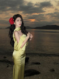 Elegant Mermaid Off The Shoulder Yellow Satin Prom Dresses Party Dress Summer 22th Birthday Outfits 18th Birthday Dresses HZ1214