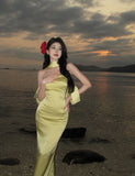 Elegant Mermaid Off The Shoulder Yellow Satin Prom Dresses Party Dress Summer 22th Birthday Outfits 18th Birthday Dresses HZ1214