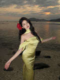 Elegant Mermaid Off The Shoulder Yellow Satin Prom Dresses Party Dress Summer 22th Birthday Outfits 18th Birthday Dresses HZ1214
