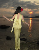 Elegant Mermaid Off The Shoulder Yellow Satin Prom Dresses Party Dress Summer 22th Birthday Outfits 18th Birthday Dresses HZ1214