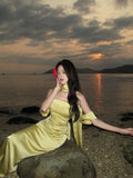 Elegant Mermaid Off The Shoulder Yellow Satin Prom Dresses Party Dress Summer 22th Birthday Outfits 18th Birthday Dresses HZ1214