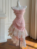 Cute High Low Spaghetti Straps Pink Lace Formal 8th Grade Homecoming Dresses Summer Middle School Hoco Dress Homecoming Outfits HZ1214