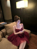 Sexy A line Spaghetti Straps Burgundy Tulle Mini Short Formal 8th Grade Homecoming Dresses Summer Middle School Hoco Dress Homecoming Outfits Birthday Outfit HZ1214