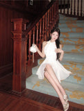Sexy A line Halter Chiffon White Mini Short Formal 8th Grade Homecoming Dresses Summer Middle School Hoco Dress Homecoming Outfits Birthday Outfit HZ1214