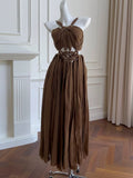 Elegant A Line Halter Brown Chiffon Sleeveless Long Evening Party Gowns Evening Formal Dresses Prom Dress HZ1214